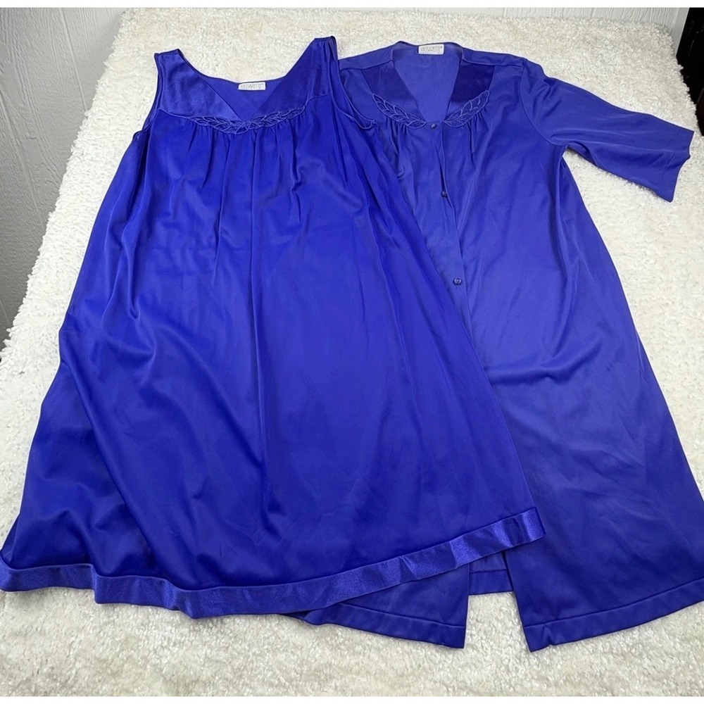 Vassarette Nightgown Robe Set Women XL Blue Vintage Tricot Nylon Embroidery